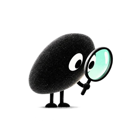 Curious charcoal mascot examining the evidence through a magnifying glass