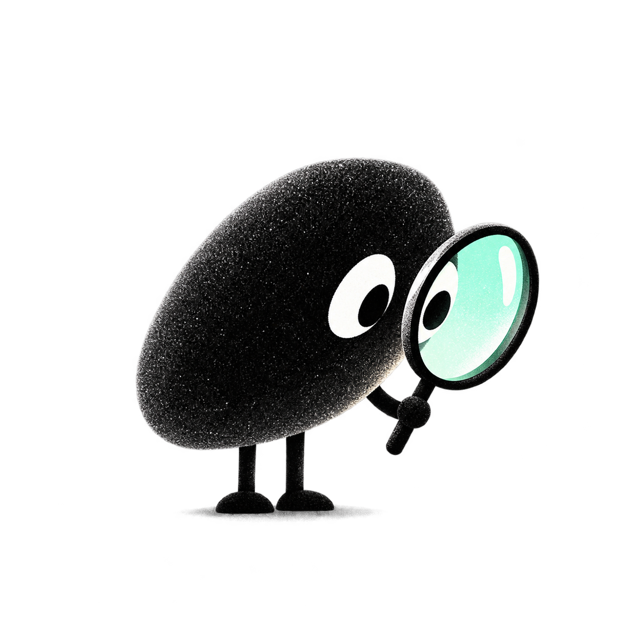 Curious charcoal mascot examining the evidence through a magnifying glass